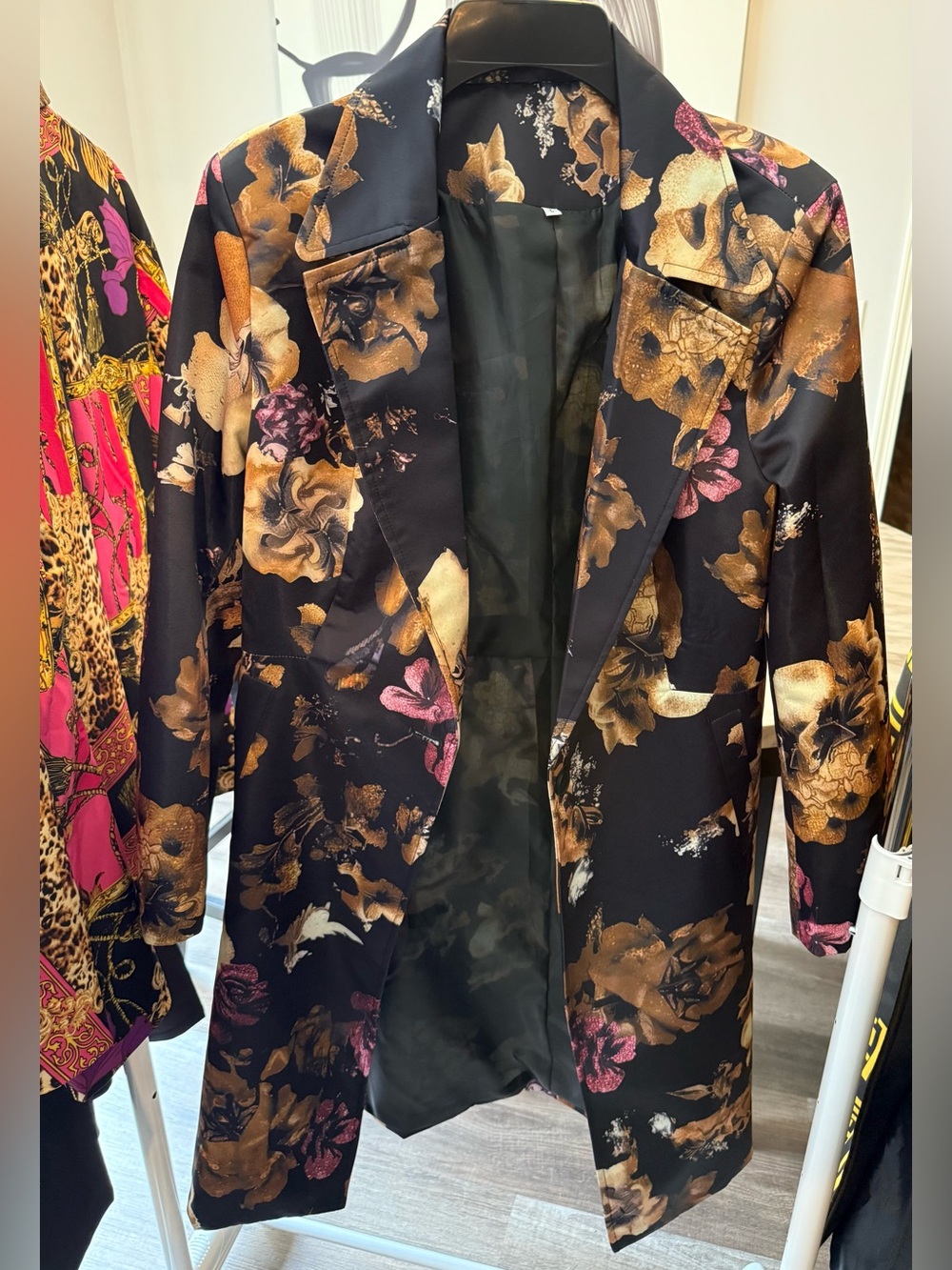 Black Floral Satin Long Blazer Coat